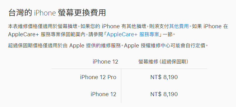 台灣 iPhone 12 蘋果原廠換螢幕 $8,190、換電池 $2,050