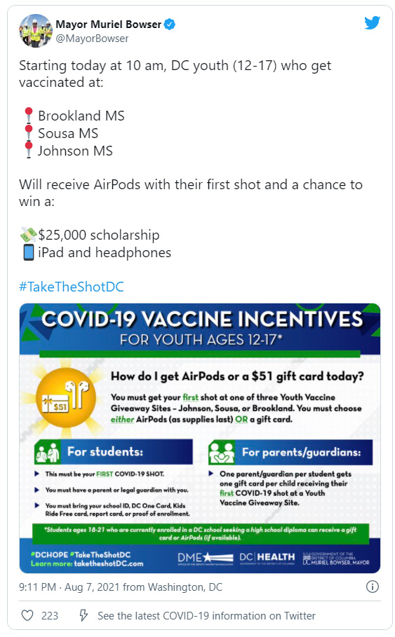 接種 COVID-19 疫苗送 AirPods、禮品卡還能抽 iPad | AirPods, Apple News, COVID-19, iPad, Muriel Bowser | iPhone News 愛瘋了