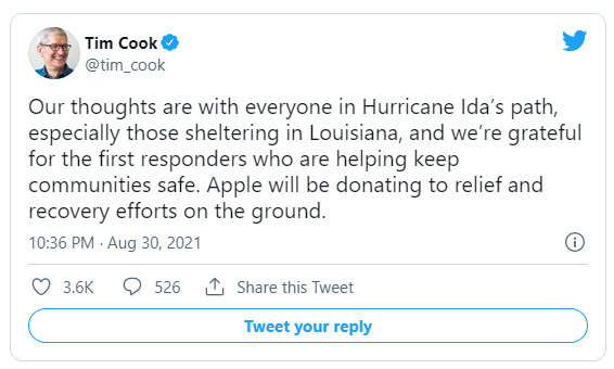 蘋果承諾在颶風「艾達」過後提供救濟援助