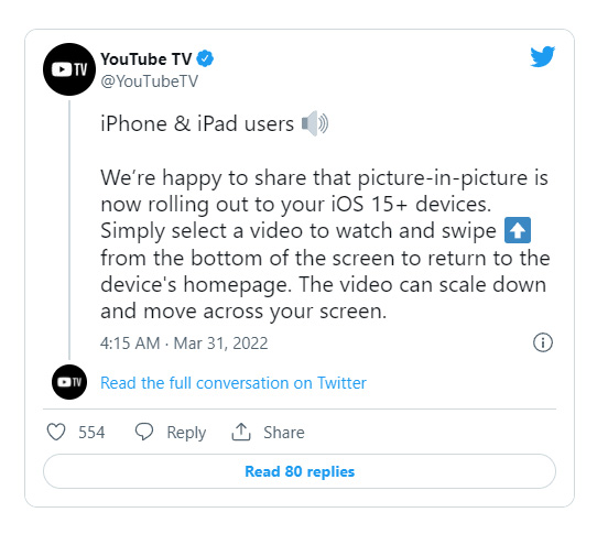 YouTube TV終於為iPhone和iPad推出PIP子母畫面播放功能