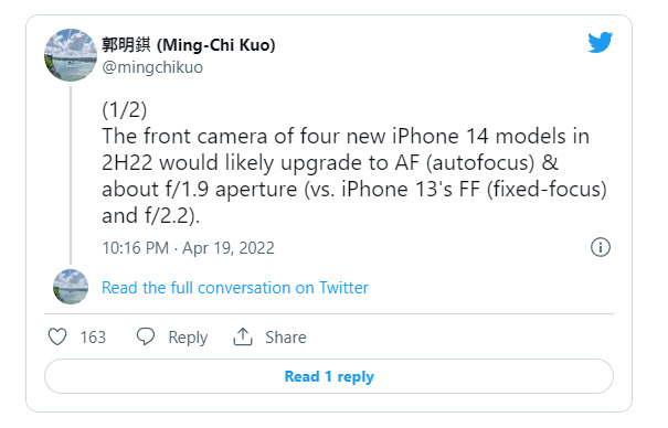 iPhone 14 前自拍鏡頭光圈更大和支援自動對焦