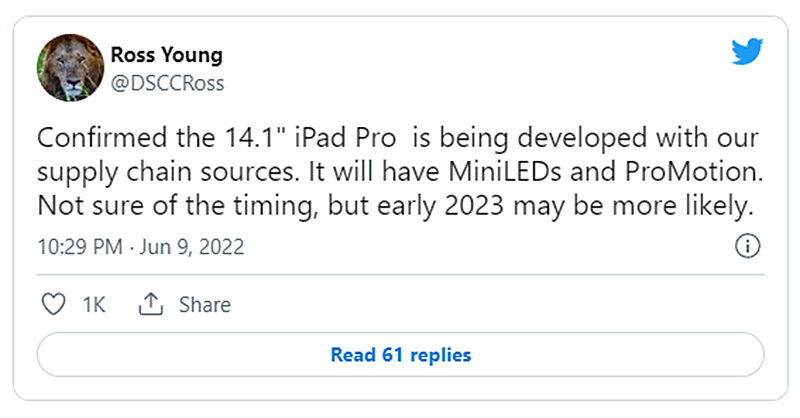 14.1 吋 mini-LED iPad Pro 開發中？M2 晶片 16GB 記憶體 | iPad Pro, M2 iPad, mini-LED iPad Pro, Ross Young, 蘋果平板 | iPhone News 愛瘋了