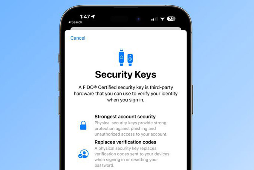 iOS 16.3支援物理安全密鑰保護Apple ID安全