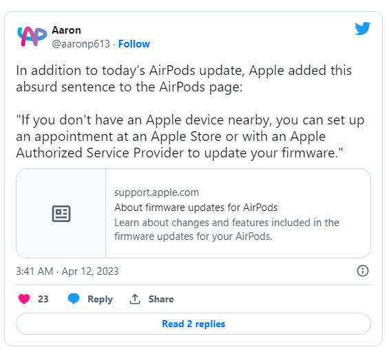 AirPods使用者無法透過Apple裝置更新韌體，可前往Apple Store解決