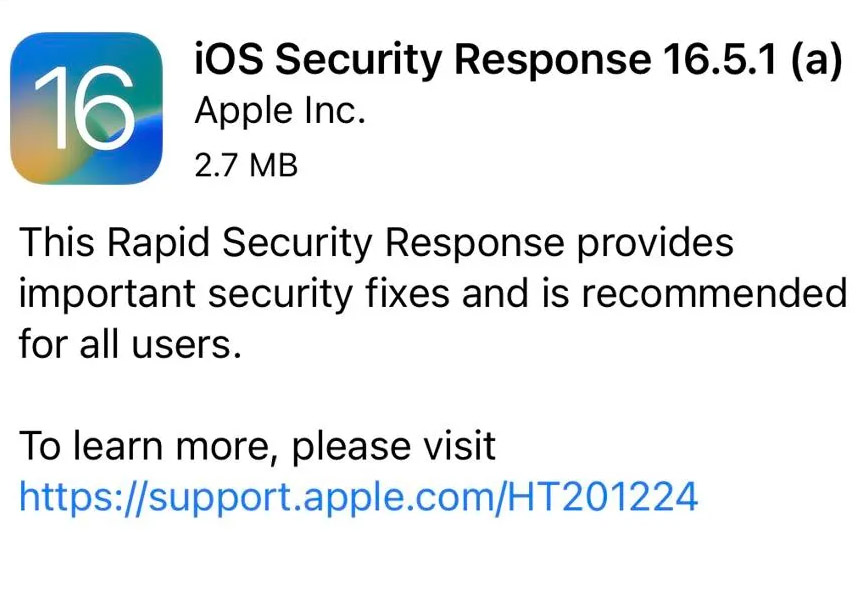蘋果將會推出新的 iOS 16.5.1 快速安全響應更新
