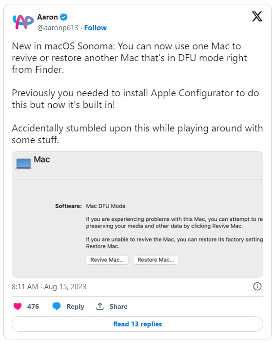 macOS Sonoma 讓 DFU 模式下還原 Mac 變得更輕鬆