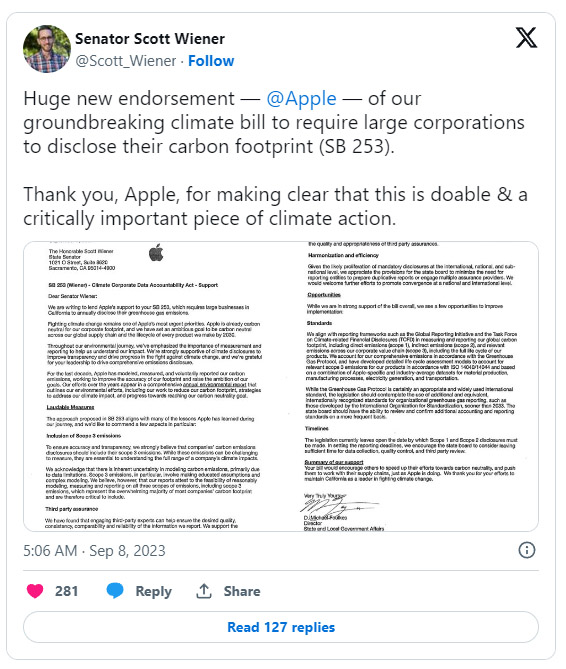 蘋果力挺！支持加州氣候企業數據責任法案