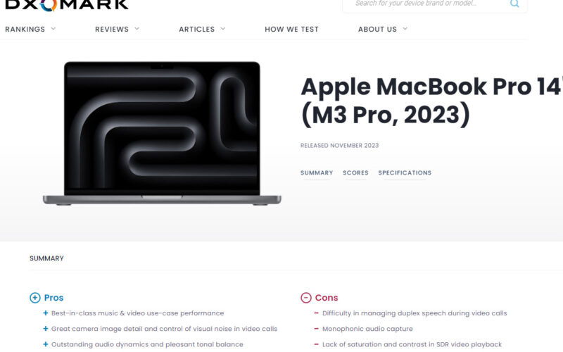 M3 MacBook Pro 獲得 DXOMARK 第一名筆電