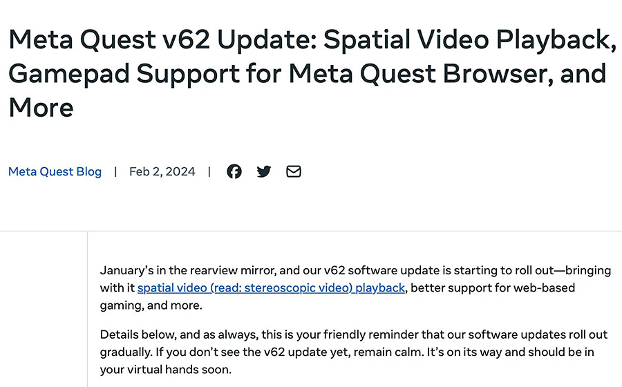 meta quest v62 update vision pro vr 2
